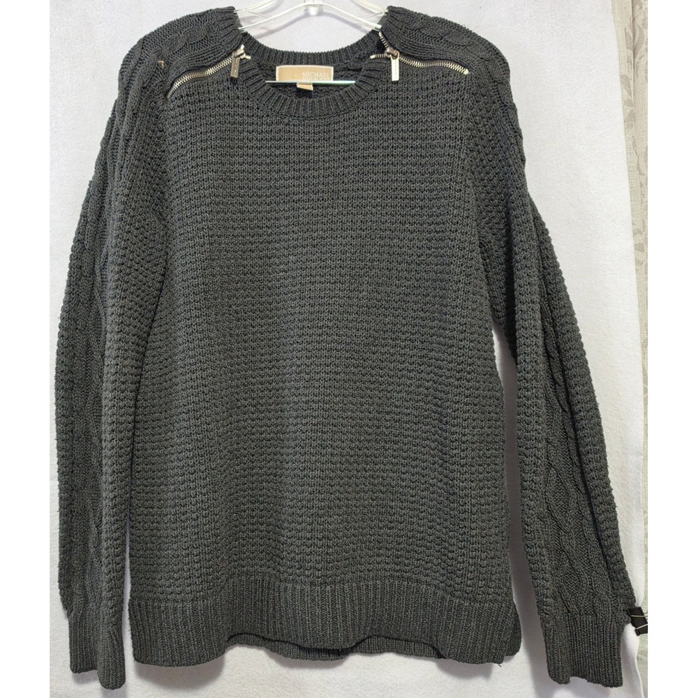 Michael Kors Womens Gray Waffle Cable Knit Shoulder Zipper Sweater Large